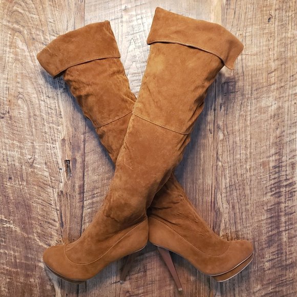 Ami Clubwear Shoes - Ami Clubwear - Women's - Thigh High Platform Heel Boots - Tan - Size 7 1/2